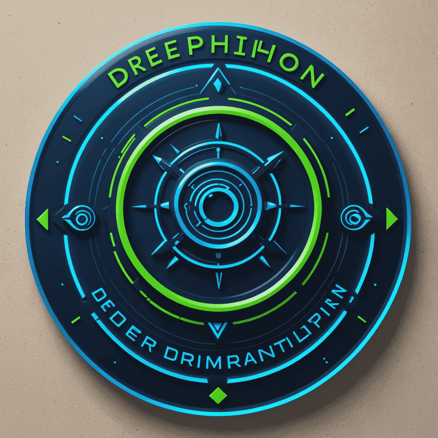 Logo de Drephion: Un sello notarial digital moderno con elementos futuristas en azul eléctrico y verde neón